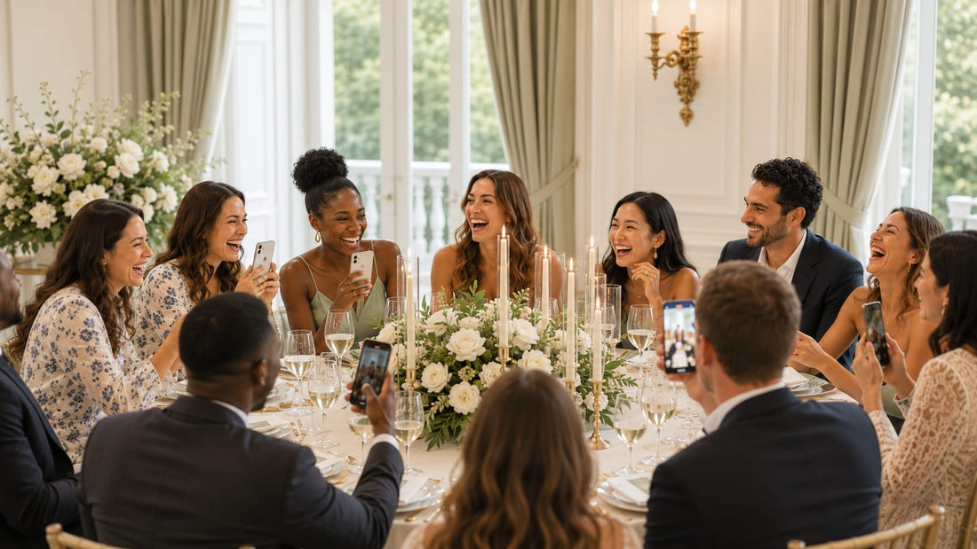 Invités de mariage qui scannent un QR code Camoria Memories comme animation de soirée, table décorée fleurs blanches
