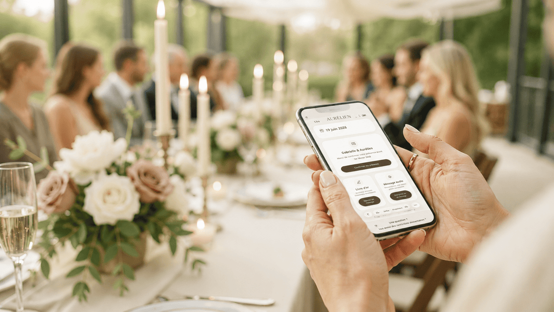 Table de mariage élégante avec smartphone affichant un livre d'or numérique, roses blanches et bougies
