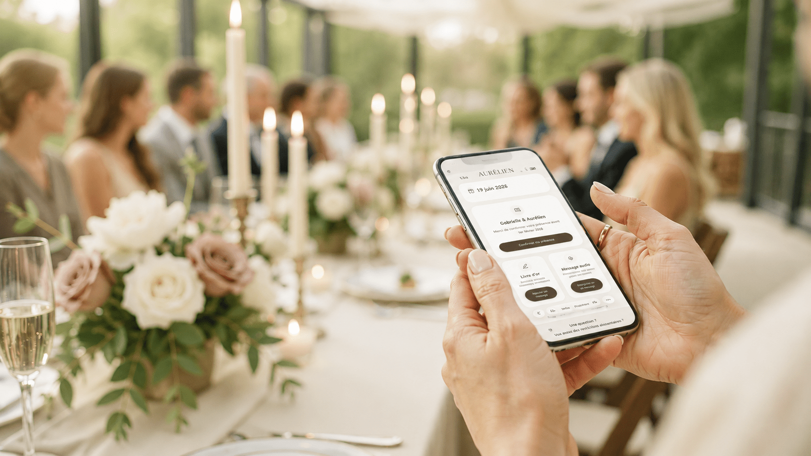Table de mariage élégante avec smartphone affichant un livre d'or numérique, roses blanches et bougies