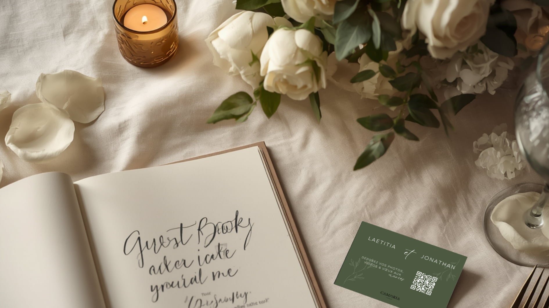 Comparatif livre d'or mariage papier et numérique, carte QR code posée sur table de réception ivoire