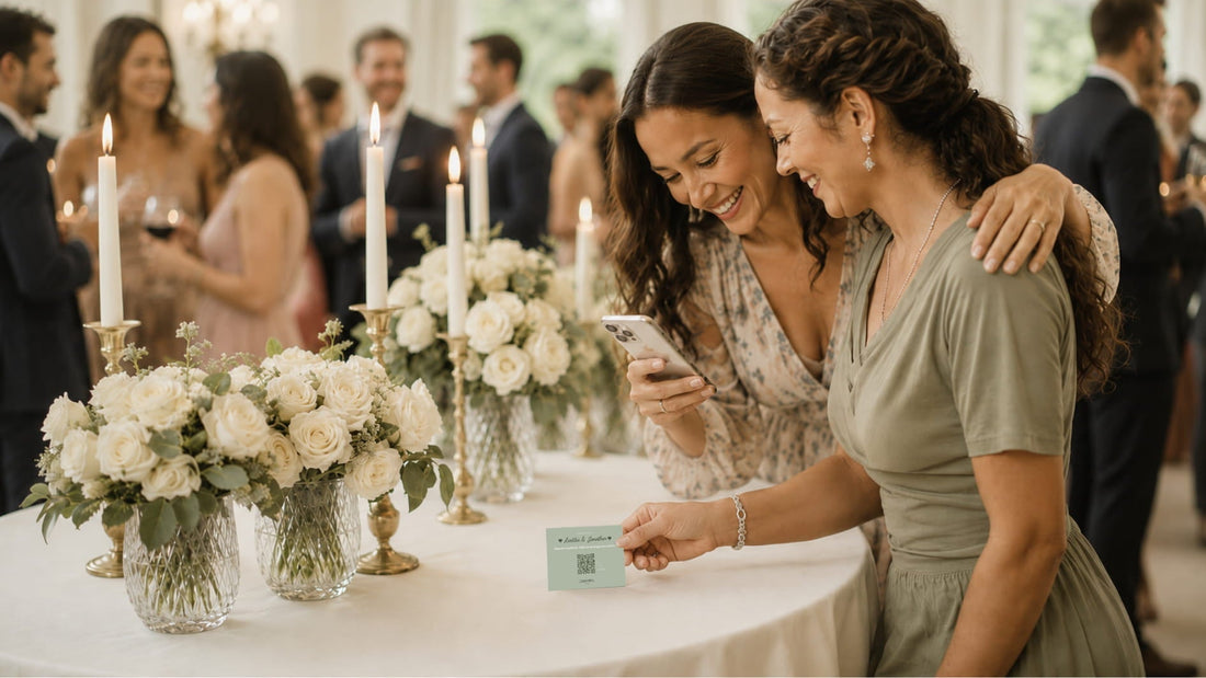 Invité de mariage scannant un QR code pour partager ses photos sans application ni inscription, décoration florale blanche