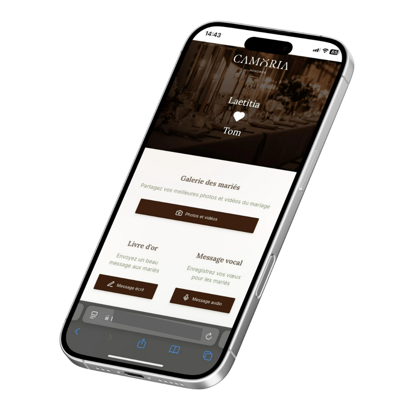 Galerie digitale privée mariage - dépôt photos vidéos messages vocaux écrits sans application - montage vidéo 48h - cartes QR code imprimées livrées