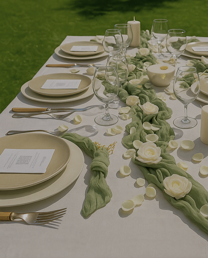 Table mariage décorée avec carte QR code Camoria - collecter photos vidéos messages vocaux audios écrits invités album photo papier imprimé livré